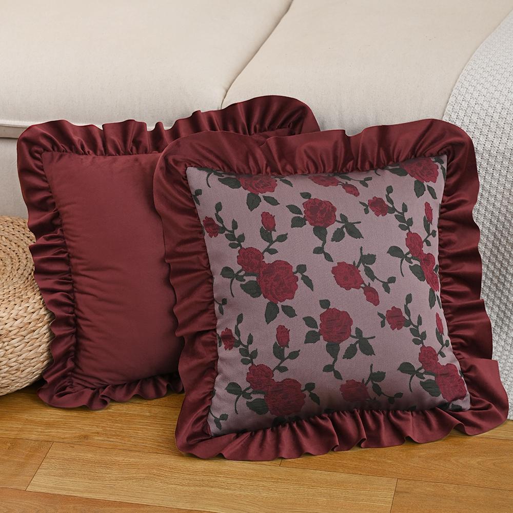 BUYNOW Red Rose Jacquard Hollandaise Lace Pillowcase Vintage Pastoral Living Room Sofa Cushion Cover Home Bedroom Saddle Decor
