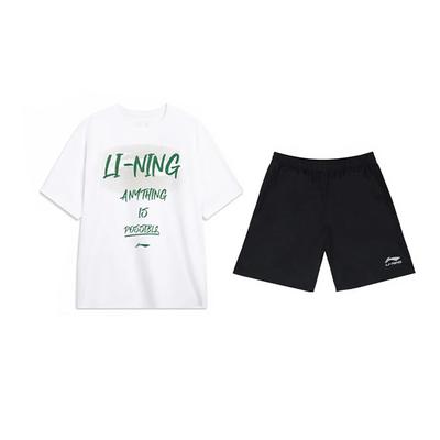Li Ning Raidės Logotipo Spausdinimo Amerikietiško Retro Stiliaus Universalus Apvalios Kaklo Megztinis Trumpomis Rankovėmis Marškinėliai Laisvalaikio Sportinis Rinkinys Unisex Viršutiniai Drabužiai AHSU803-1+YKSV147-2