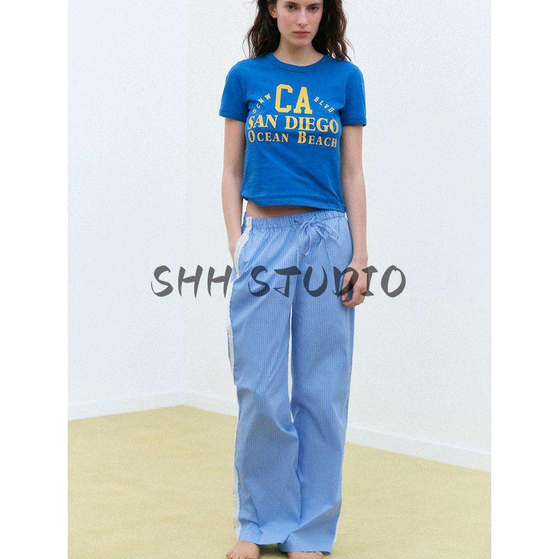 Women's Spring Clothing Cotton Blend High Waist Color Contrast Patchwork Lace Decoration Gingham Pajamas Style Pants 5030403