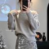 French Chic Grey Off-the-Shoulder Diamond Knit Sweater – Women's Autumn/Winter Design