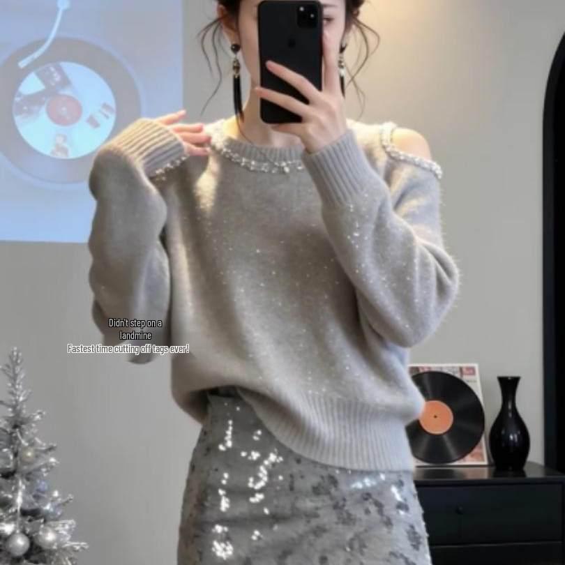 French Chic Grey Off-the-Shoulder Diamond Knit Sweater – Women's Autumn/Winter Design