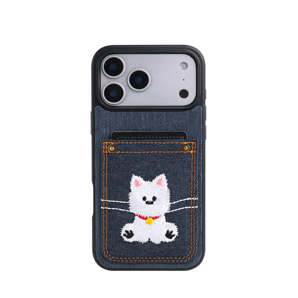 Cartoon Denim Embroidered Dog Faux Leather Phone Case Card Holder Premium Stylish for iPhone 17 Pro Max/17Air Pro