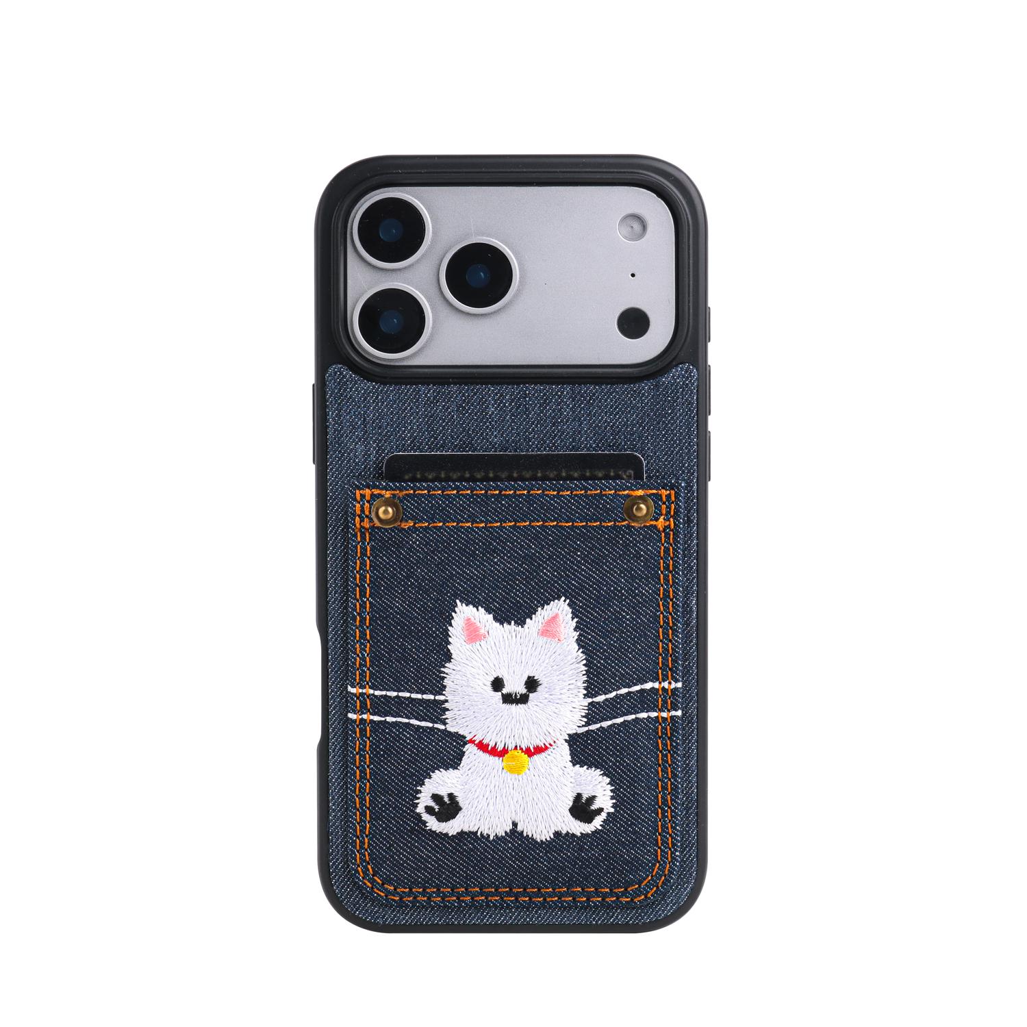 

Cartoon Denim Embroidered Dog Faux Leather Phone Case Card Holder Premium Stylish for iPhone 17 Pro Max/17Air Pro for iPhone 14pro
