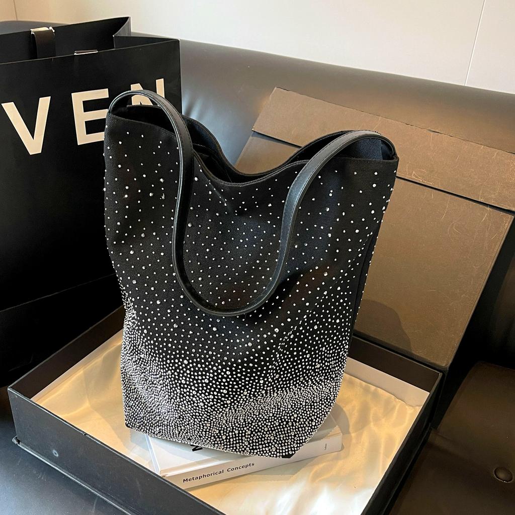 Women'S Glittery Canvas Tote Bag - Large Capacity, Sparkling Diamond Pattern, Zipper Closure, Polyester Lining, Ideal