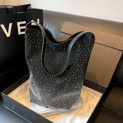 Women'S Glittery Canvas Tote Bag - Large Capacity, Sparkling Diamond Pattern, Zipper Closure, Polyester Lining, Ideal 
