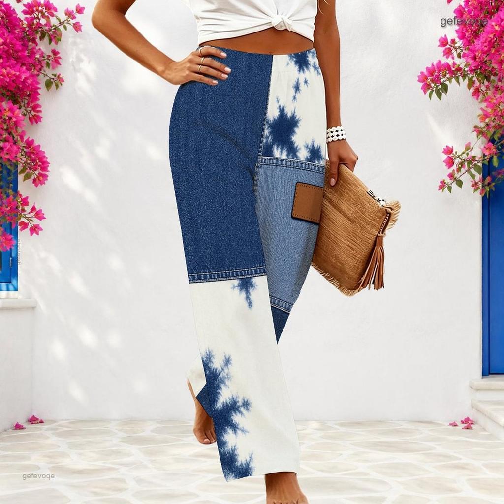 Women Plus Size Blue White Abstract Printed Wide Leg Full Length Loose Pants