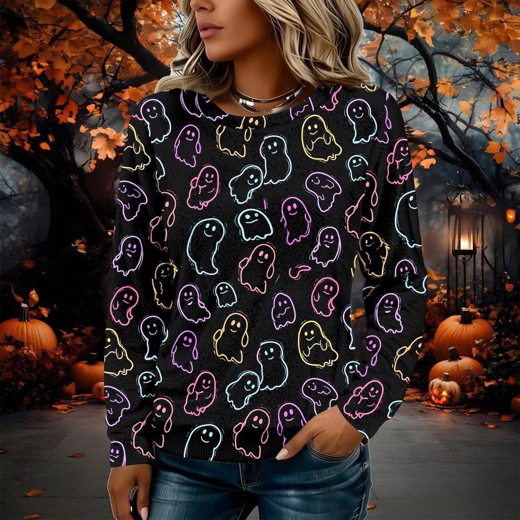 Women's Flannel Long Sleeve T-Shirt with Halloween Print Neck Casual Top