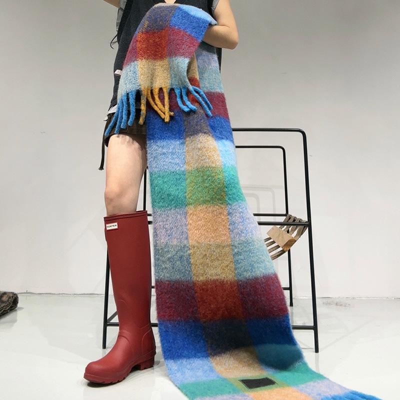 Niche design sense wool plaid contrasting color scarf women's autumn and winter warm scarf high-end tassel shawl