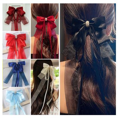 Sweet Large Bowknot Hair Clip For Women Girls Lolita Long Ribbon Solid Hairpin Cute Ponytail Hair Bands  Hair Accessories