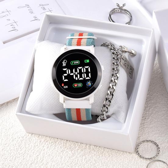 LED Elektronische Uhr Elastisches Armband Multifunktional Leuchtendes Rundes Zifferblatt Einstellbare Zeit-/Datumsanzeige Geflochtene Digitale Armbanduhr Uhr Mode