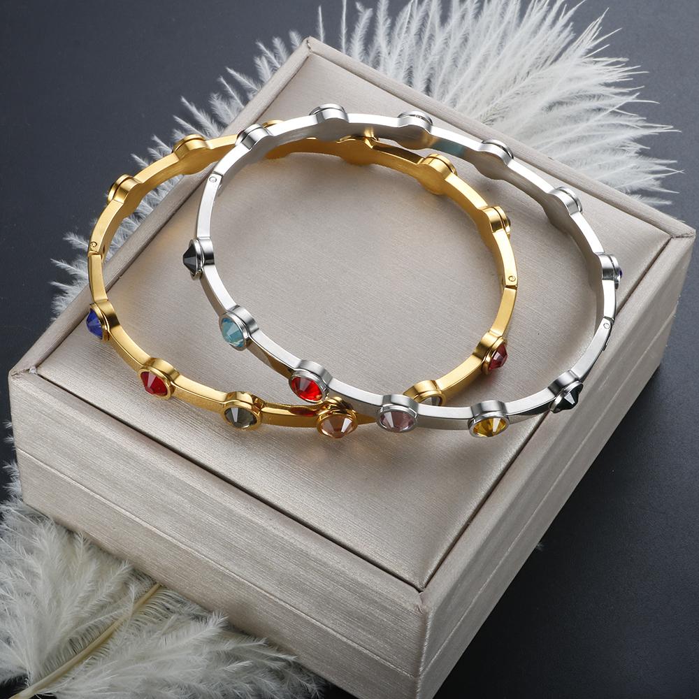 Rainbow Rhinestone Stainless Steel Bangle for Women New in Gold Plated Jewelry Luxury Gold Color Girlfriend Friend Gift
