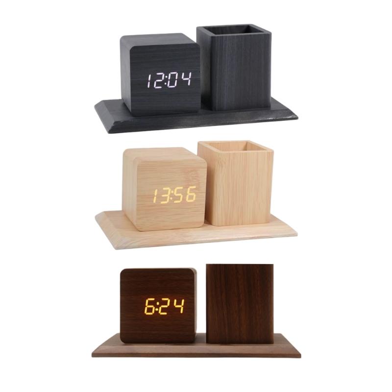 Creative Wooden Desk Item Combines Digital Alarm Clock With Pen Storage Section faint Setting And Three Alarm picks