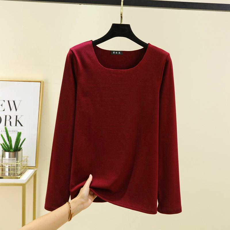 

Women s Autumn/Winter Plus Size Fleece-Lined Brushed Round Neck Base Layer Top - Solid Color Warm Innerwear M вина червоного кольору