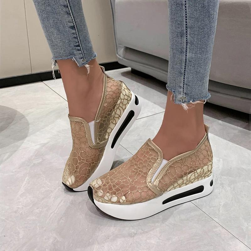 

Fashion Women s Mesh Plataforma Mujer New Fashionable Thick-soled Wedge Heel Breathable Slip-on Casual and Comfortable Sneakers 35 золотой