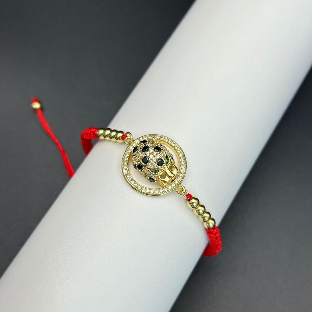 Retro-Leopardenkopf-Armband mit rotem Seil, mikro-eingefasstem Zirkonia und Zugband