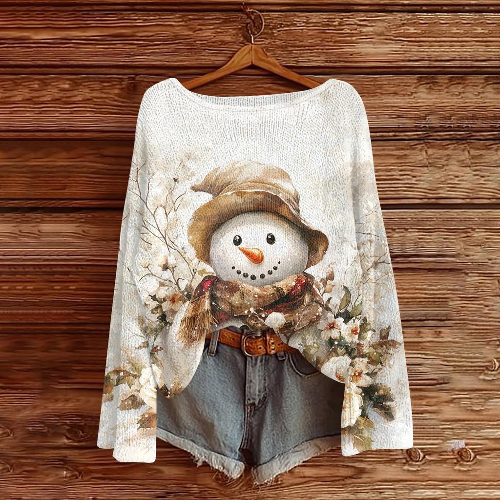 Women's Fashion Christmas Print Lightweight Sweater Casual Long-Sleeve Knit Pullover Top