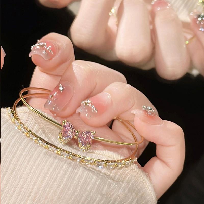 Zirconia Bow Double Layer Open Bangle Bracelet Women Sweet Chic Minimalist Fashion Jewelry