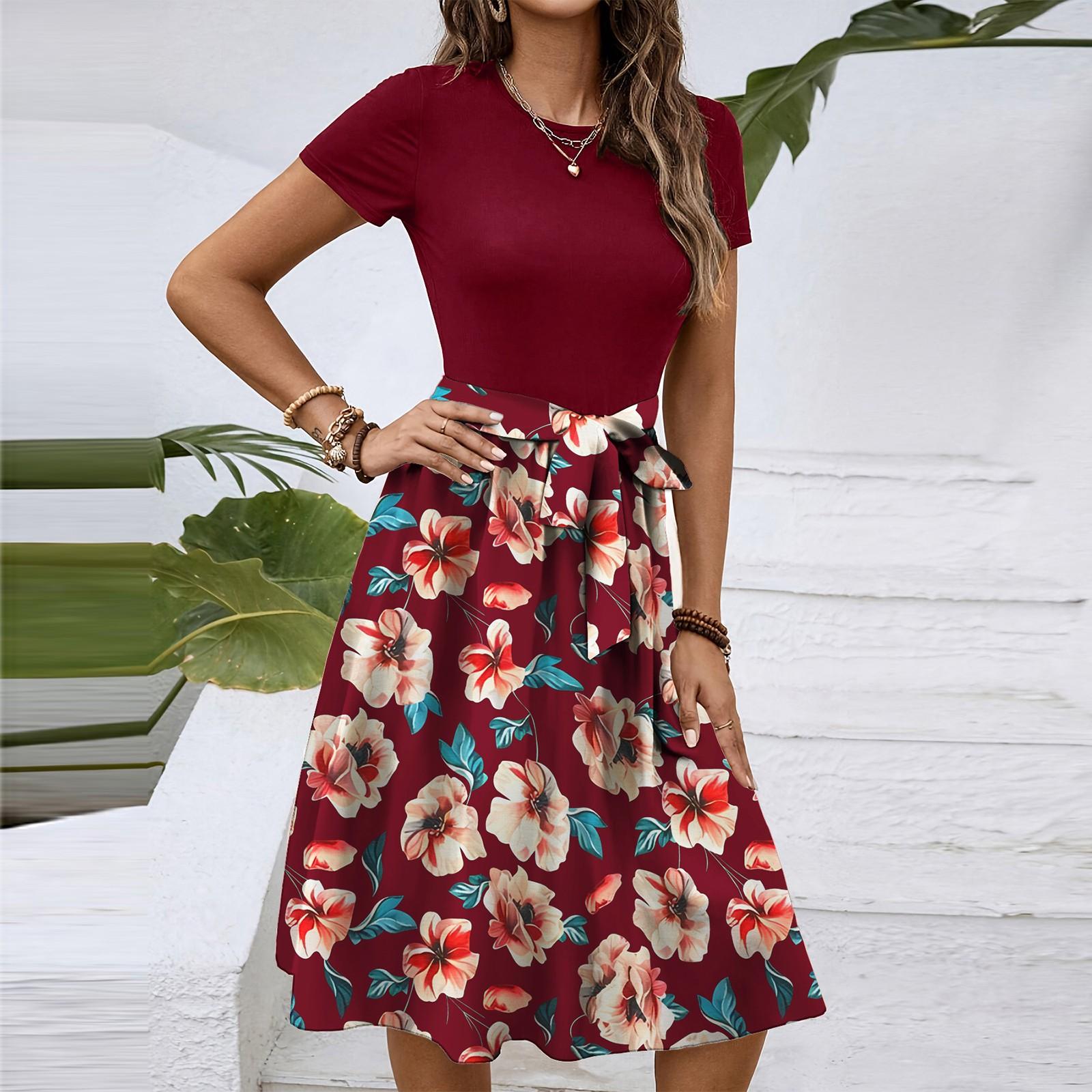 

Женское модное ретро-платье с принтом и цветным поясом S винный