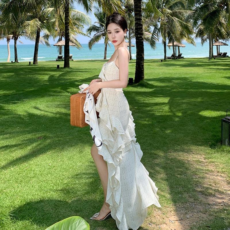 Smart Romantic Vacation Fairy Long Dress Three-dimensional Cut Irregular Layering Ruffle Edge Sexy Suspender Dress S