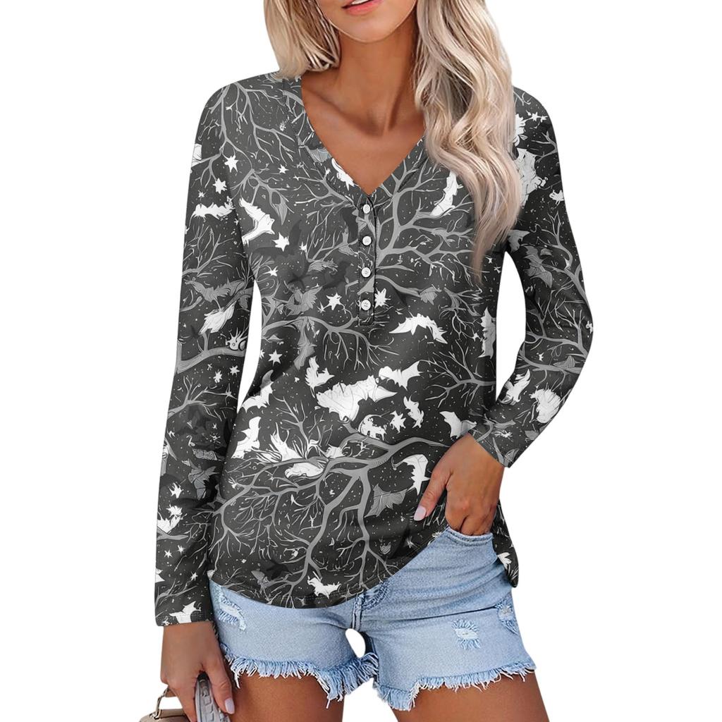 Women's Casual Fashion Sexy Comfort Halloween Printed V-Neck Button Long Sleeve