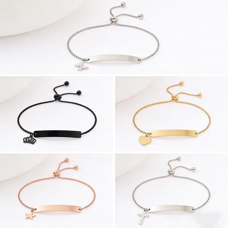 Adjustable Stainless Steel Bracelet with Laser Engraved Butterfly and Curved Plate