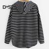 Women Autumn Hoodie Striped Print Contrast Color Drawstring Irregular Hem Long Sleeve Hooded Loose Pullover Casual Soft Lady Spring Sweatshirt