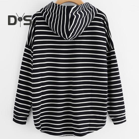 Women Autumn Hoodie Striped Print Contrast Color Drawstring Irregular Hem Long Sleeve Hooded Loose Pullover Casual Soft Lady Spring Sweatshirt