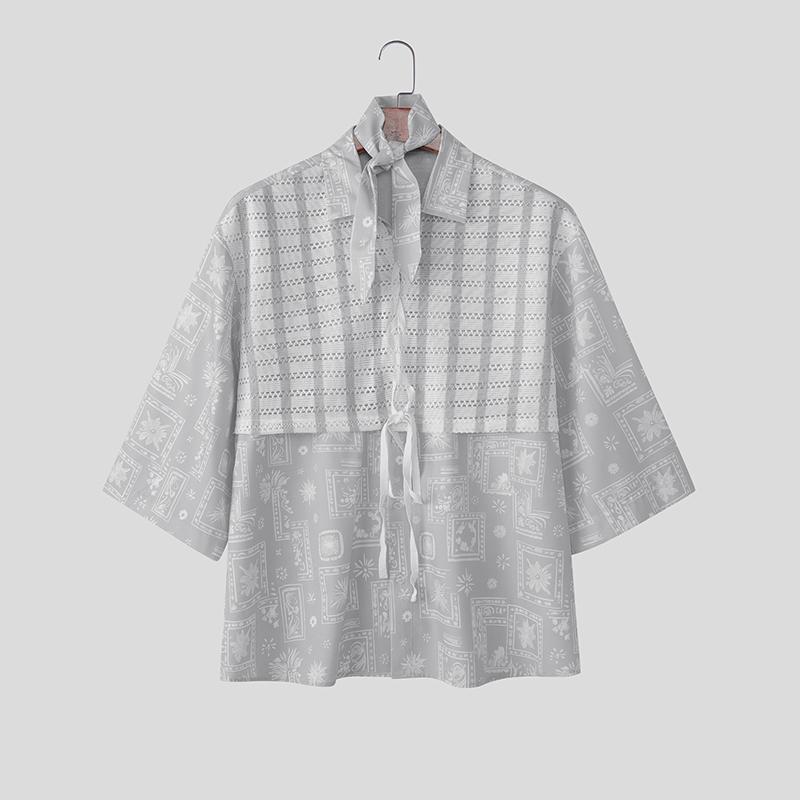 

INCERUN Men Lapel Neck Short Sleeve Floral Print Splicing Lace Casual Loose T-shirts Shirts 5XL светло-серый