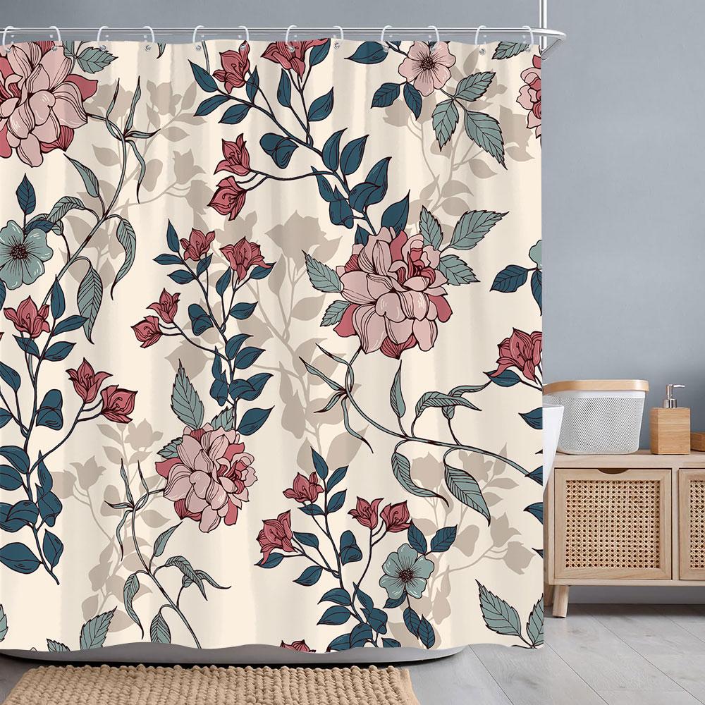 Tropical Botanical Flower Shower Curtain Beige Green Palm Leaf Flower Scandinavian Decor Bathroom Polyester Shower Curtains Set