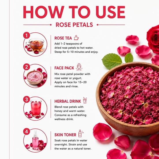 Brijbooti Rosenblüten getrocknet 100 Gramm | Rosenblüten getrocknet essbar | Gulab Patti für Gesicht, Körper, Bad, Haare, Kochen, Essen & Kräutertee | Rose Blume
