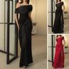 Dames Avondjurk Schuine Hals Off Shoulder Mouwloos Geplooid Vetersluiting Sjerp Decoratie Irregulair Design Slim Fit Galajurk Maxi Jurk Zomerjurk