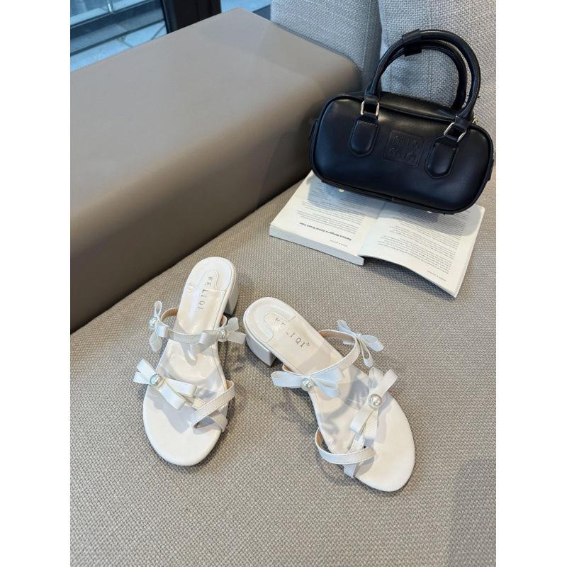 2025 Thick-heeled French Bow Pearl-toed Slippers Women's New High-heeled Sandals