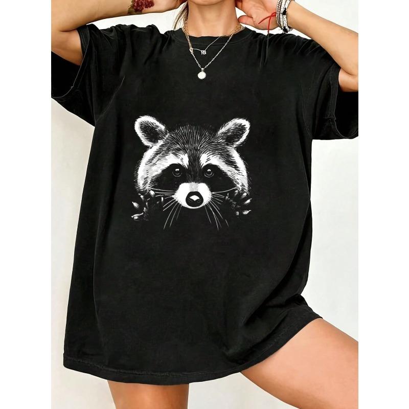 Oversized T Shirt Black Raccoon Animal Print Casual Wear For Women Summer Outfit Streetwear Fashion Top