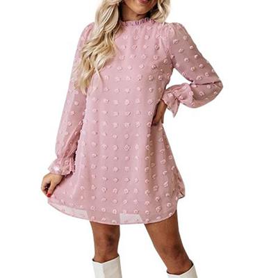 (SU)Women's Fall Dress Long Sleeve Dot Mini Dresses Loose Chiffon Casual Short Dress