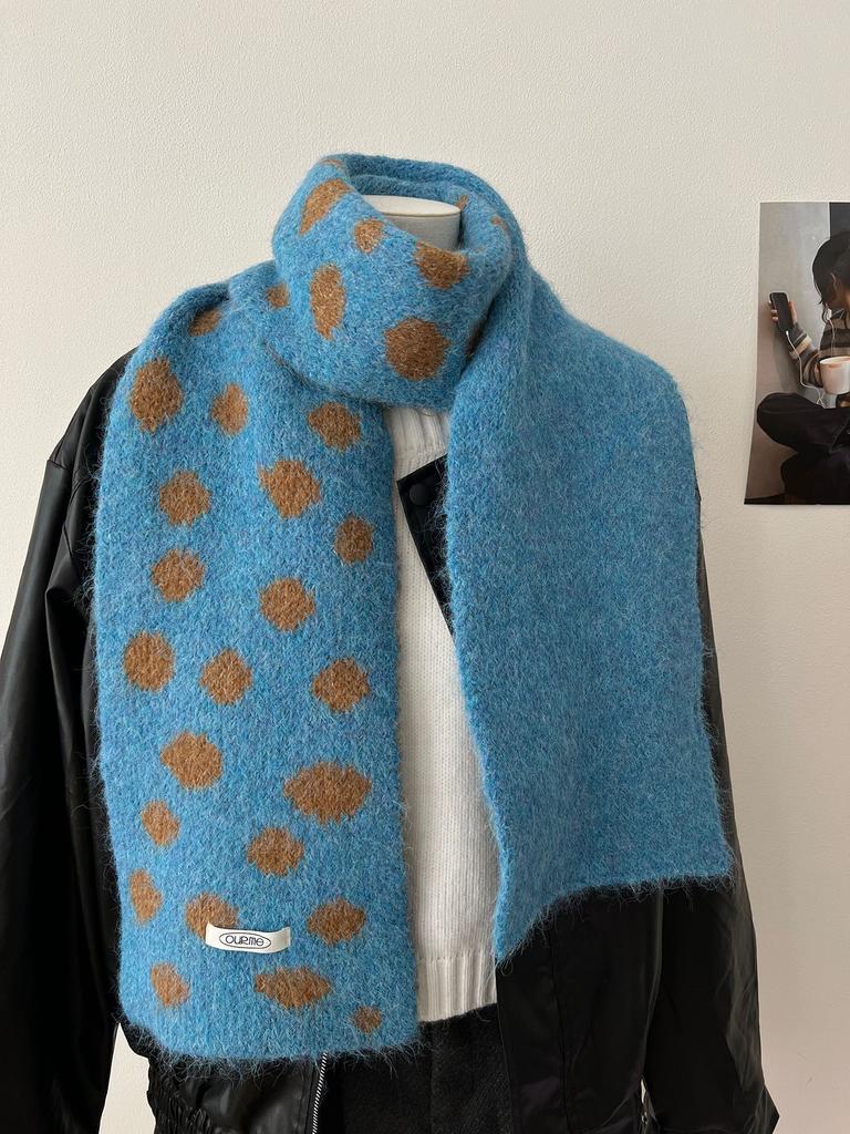 Korean Style Polka Dot Plush Knitted Scarf Soft Thick Color-Block Scarf Thermal Windproof Neck Warmer Scarves