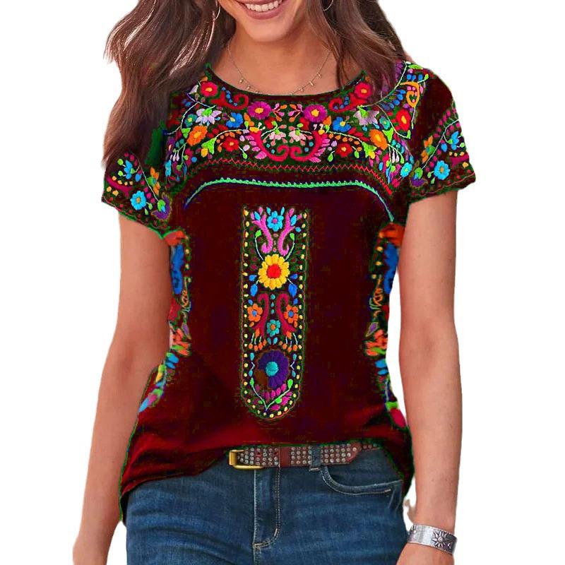 2025 Bohemian Print Women's Summer Short Sleeve Round Neck T-Shirt
