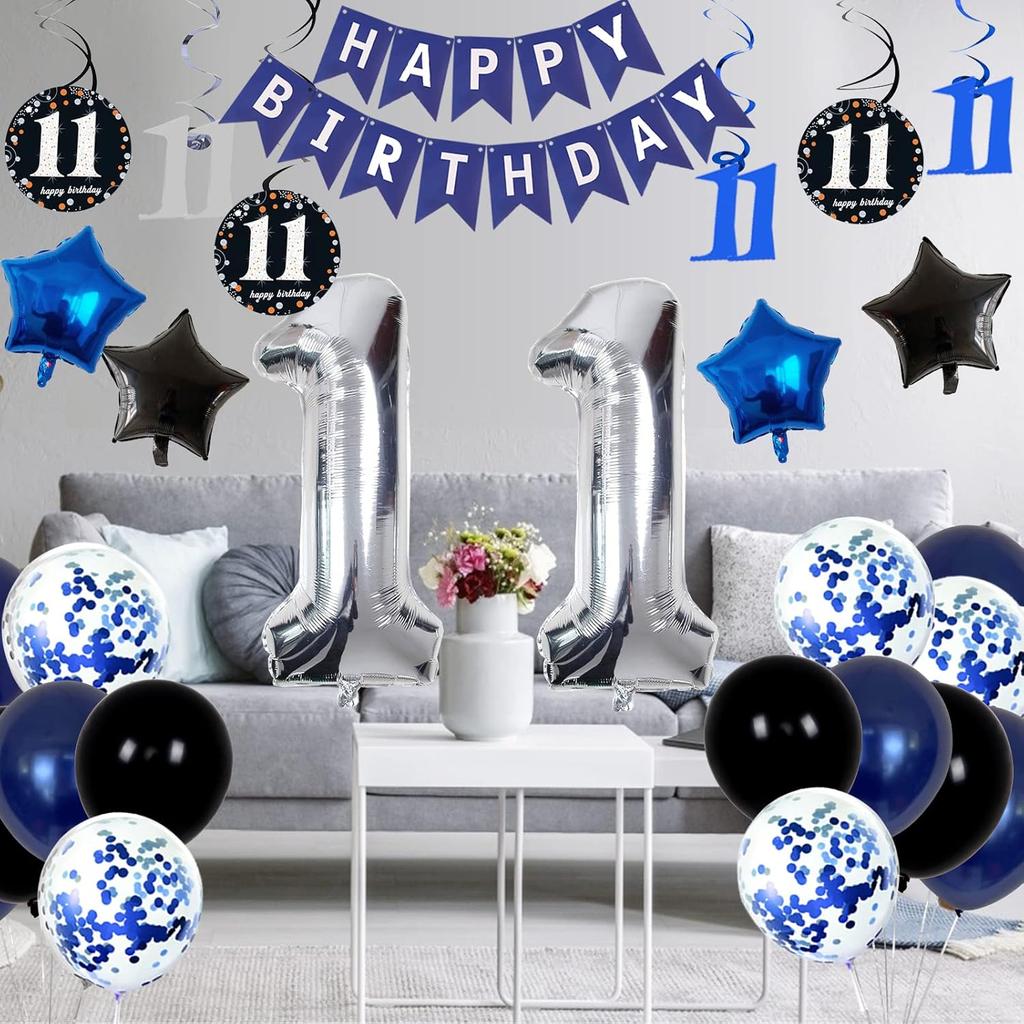11th Birthday Decorations for Boys Girls - Navy Blue Birthday Decorations For Kids Party Supplies Including HAPPY BIRTHDAY Banner Balloons for