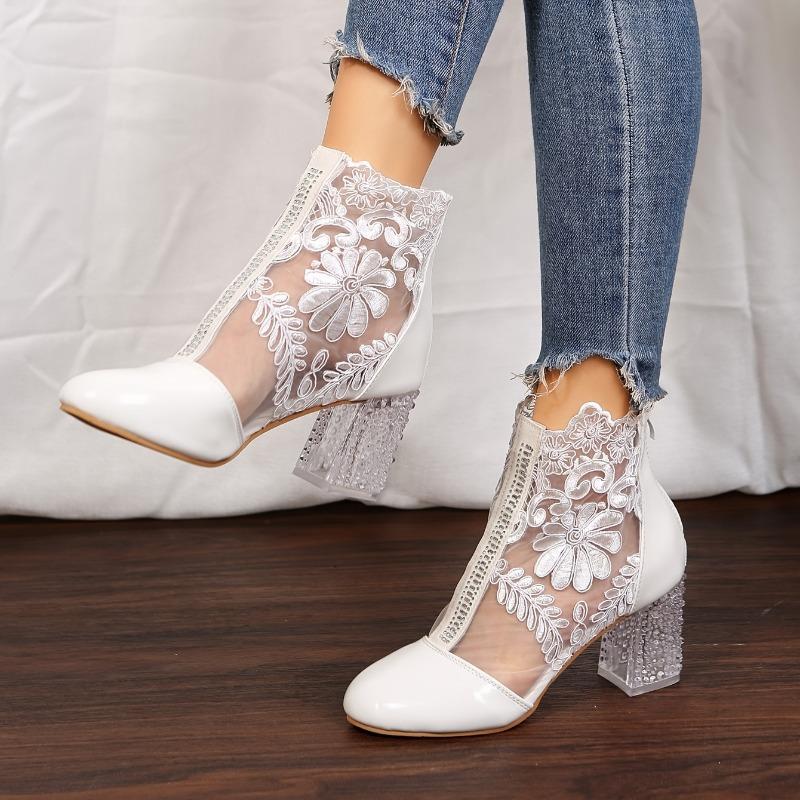 Floral Print Lace Ankle Boots - Women's Square High Heel Shoes, Round Toe, Back Zipper