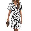 Women's Summer Floral Print Dress Pleated Short Sleeve V-Neck Pocket Casual Dress