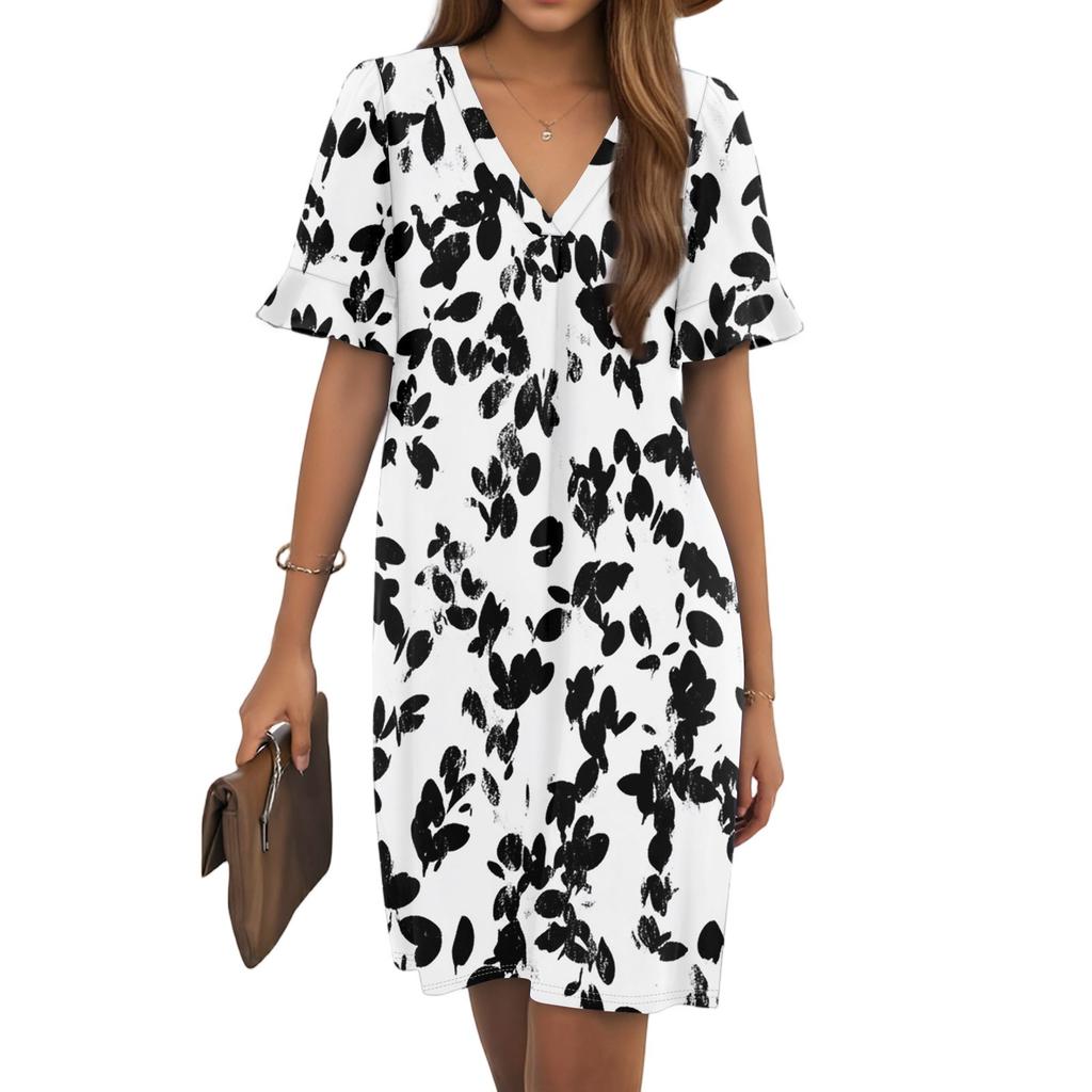Women's Summer Floral Print Dress Pleated Short Sleeve V-Neck Pocket Casual Dress