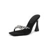 Beautiful Cross-strapped Rhinestone Open-toed Square Sandals Women's Sexy Black Satin High-heeled Cool Slippers 2025 Summer