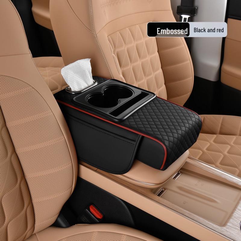 Car Armrest Pad with Console Riser, Tissue Box, Cup Holder & Protector 5-in-1