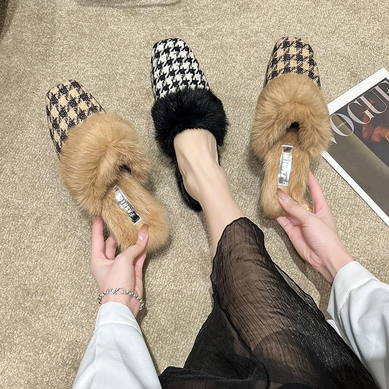 Fashion Aphixta Winter Gingham Upper Long Real Rabbit Fur Plush Women Slippers Nature Warm Furry Shoes Square Toe Flat Heel Hair Slides