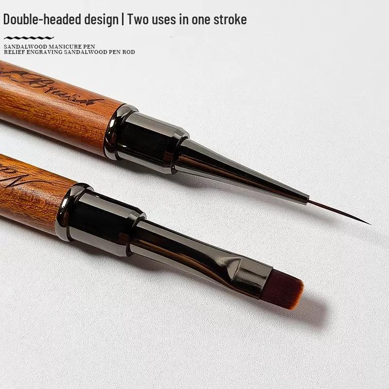 Dual-Ended Sandalwood Nail Art Brush with Japanese Base Coat for Painting, Lining, and Outlining