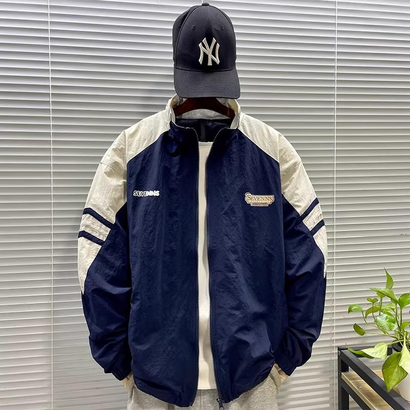 Men S Spring Autumn Outdoor Spliced Color Block Stand Collar Loose Jacket
