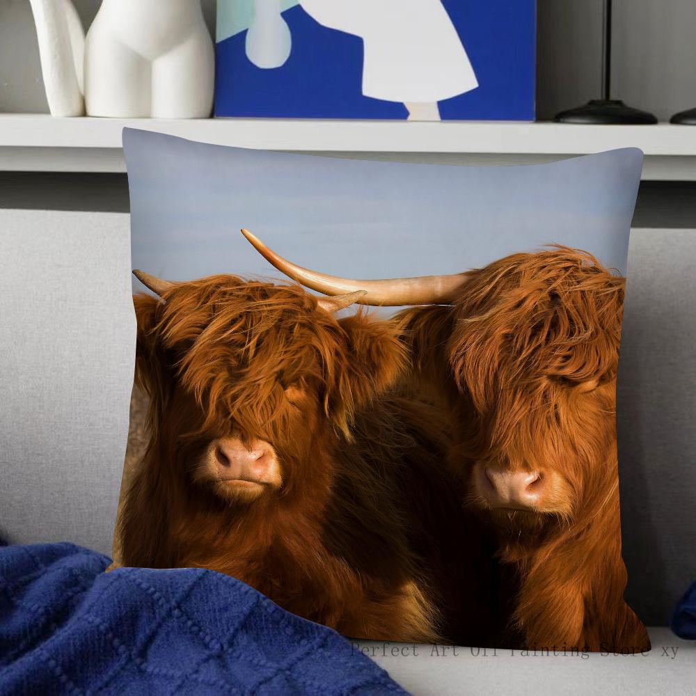 Scottish Highland Cattle Pillow Case Fashion Square Pillowcase Bedroom Sofa Room Ins Decoration Leisure Cushion Cover 40x40