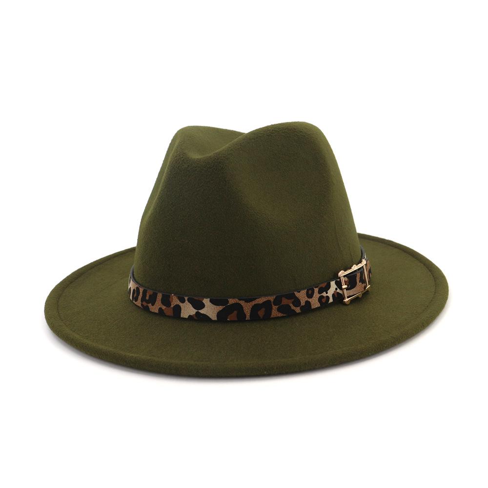 19 Color Women'S Wide Brim Felt Fedora Panama Hat With Leopard Belt Buckle Party Trilby Cowboy Hat Fashion Jazz Cap