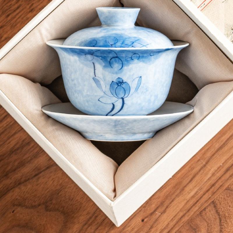 Hand-Painted Blue Lotus Gaiwan Aesthetic Anti Scalding Tea Tureen Household Making Cover Bowl Services Ornaments