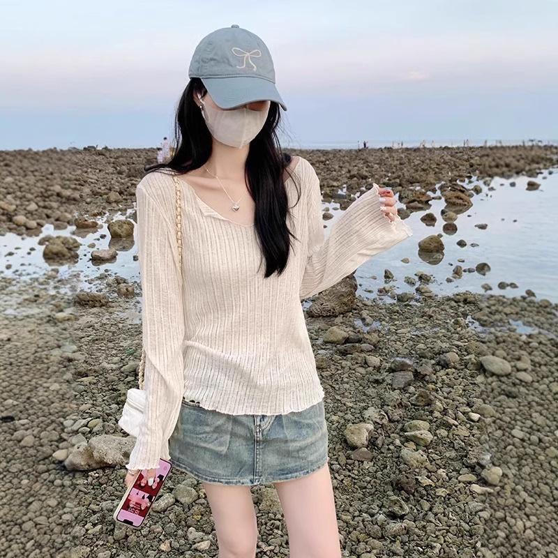 Sheer V-Neck Ruffle Trim Cardigan: Slimming Long Sleeve Sun Protection Top for Women