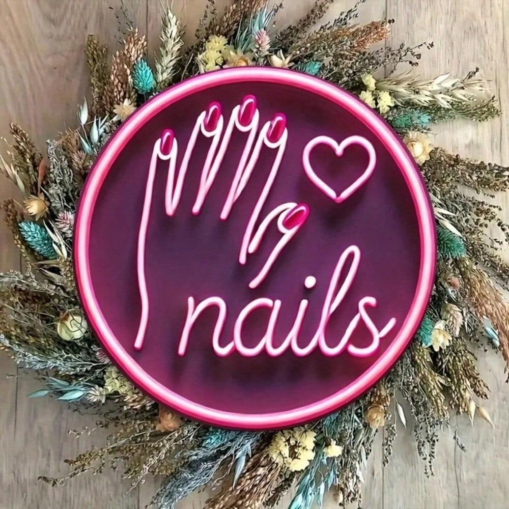 1pc Pink Neon Sign Nail Salon Decor, 20x20cm Round Laser Cut Iron Wall Art Hanging